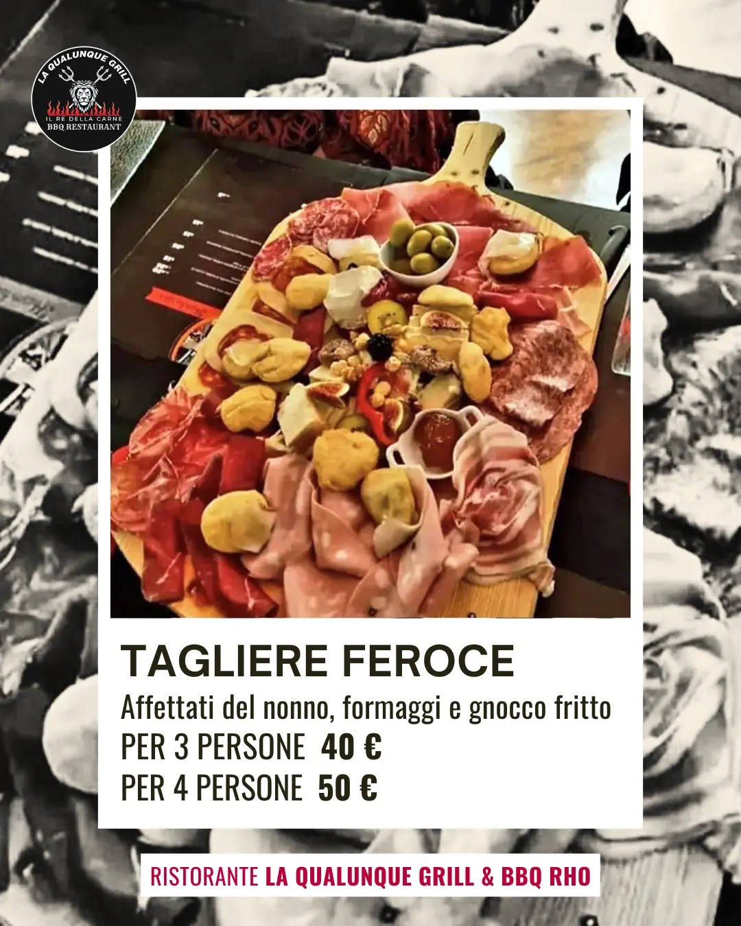 tagliere feroce per molte persone di affettati, salame del nonno, formaggio, lardo, prosciutto e gnocco fritto del ristorante la qualunque Grill di Rho Milano