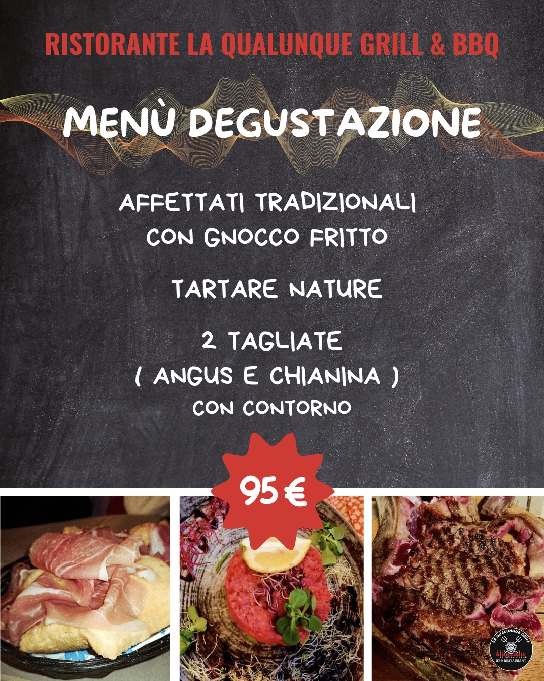 locandina menu degustazione la qualunque grill con affettati tradizionali gnocco fritto tartare nature carpaccio tagliate e contorno di patate al forno o patate fritte