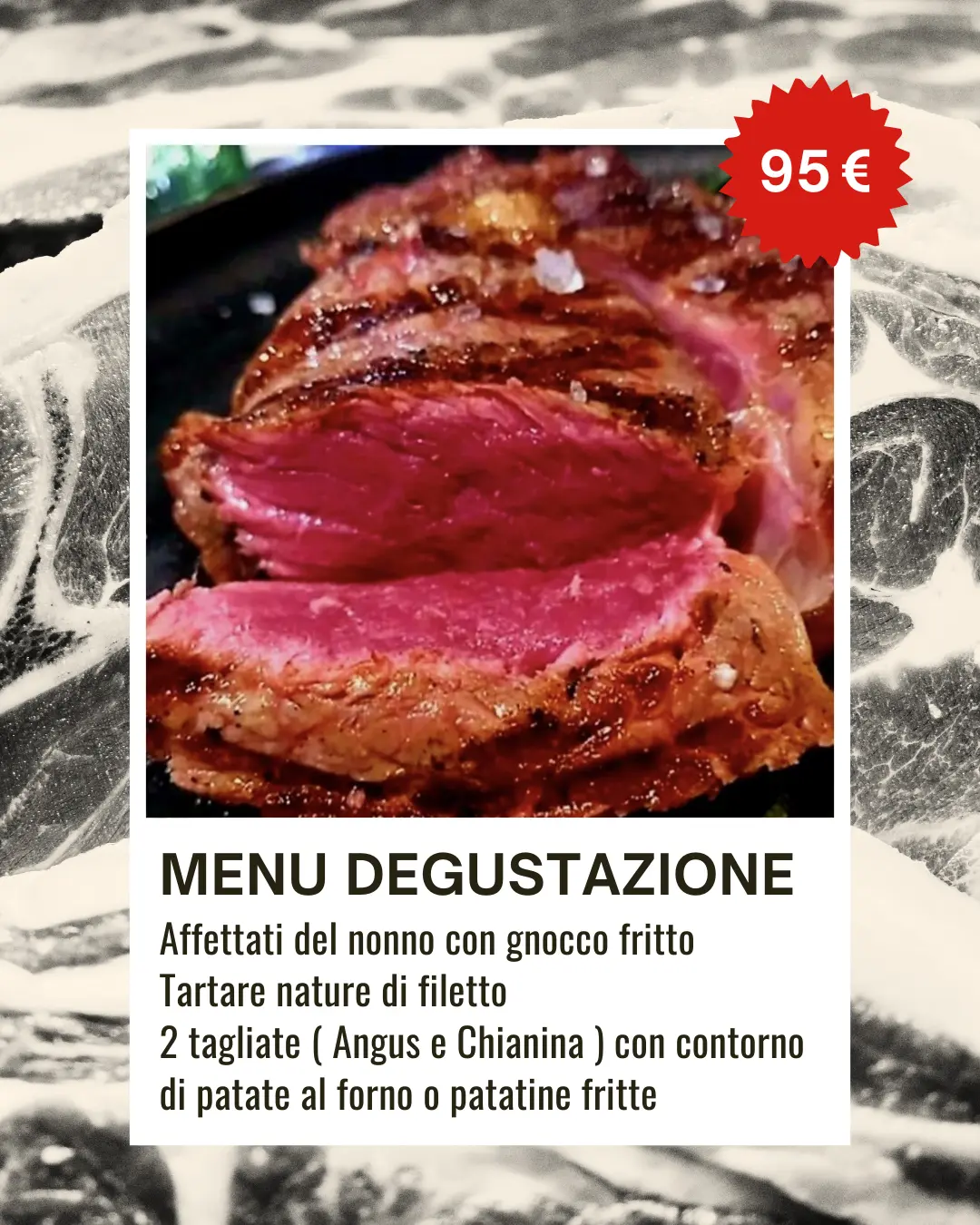 Menu degustazione del ristorante la qualunque Grill di Rho Milano, tagliere di affettati, salame nostrano, gnocco fritto, tartare nature di filetti, tagliata di Angus, Tagliata di Chianina e contorno di patate