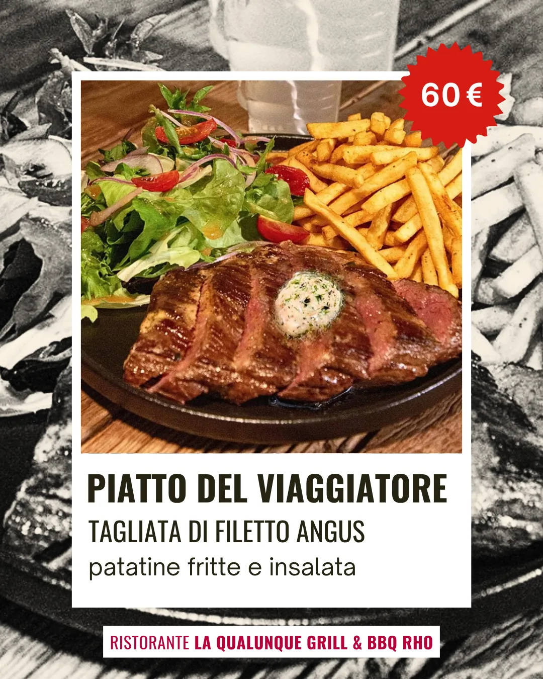tagliata di filetto angus con patatine fritte e insalata